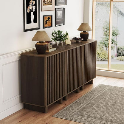 LukeAlon Fluted Sideboard Cabinet with Storage, Mid-Century Modern Accent Buffet Cabinet, 70" Wooden Credenza Cabinets for Living Room Dining Room Entryway Hallway, Walnut Color
