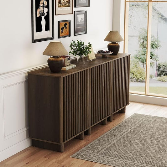 LukeAlon Fluted Sideboard Cabinet with Storage, Mid-Century Modern Accent Buffet Cabinet, 70" Wooden Credenza Cabinets for Living Room Dining Room Entryway Hallway, Walnut Color