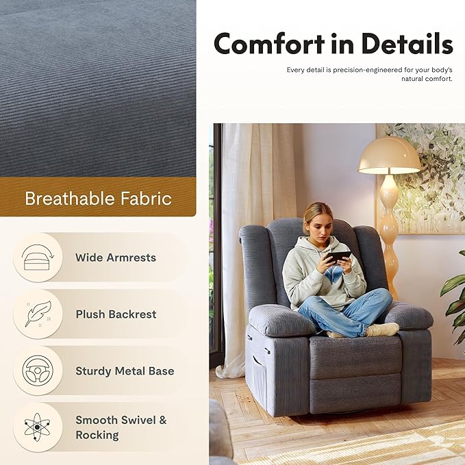 FLEXISPOT 360° Swivel Rocker Recliner for Adults, Massage Rocker Recliner Chair with Heating, Nursery Chair Swivel Glider Sofa for Living Room, Bedroom, Nursery, Slate
