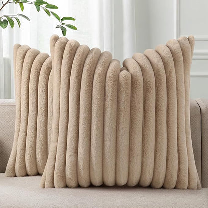 Pallene Faux Fur Plush Throw Pillow Covers 24x24 Set of 2, Luxury Soft Fluffy Striped Decorative Pillow Covers for Sofa, Couch, Living Room, Khaki