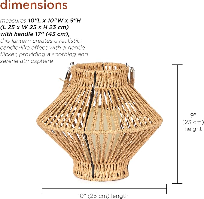 Alpine Corporation LAN420HH-BG-TM Hanging Woven Lantern with LED Candle and Timer, Boho Home Decor, 9" H, Beige