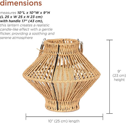 Alpine Corporation LAN420HH-BG-TM Hanging Woven Lantern with LED Candle and Timer, Boho Home Decor, 9" H, Beige