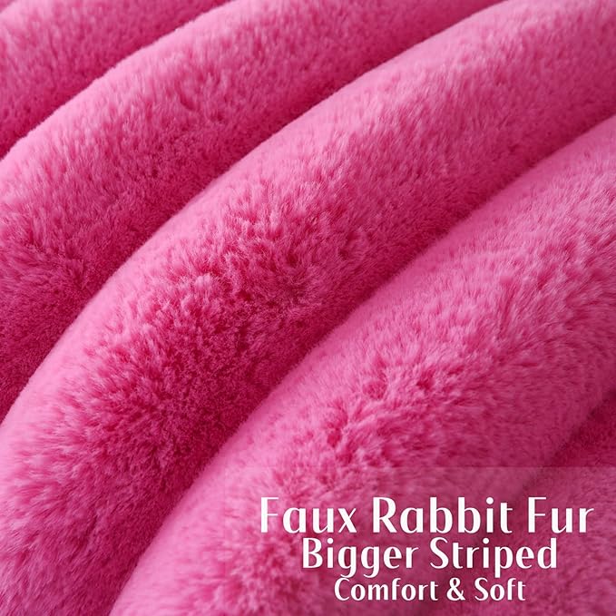 FUTEI Hot Pink Decorative Throw Pillow Covers 20x20 Inch Set of 2, Square Soft Faux Rabbit Fur Thick Striped Cushion Cover,Winter Home Decor for Couch Bed Living Room