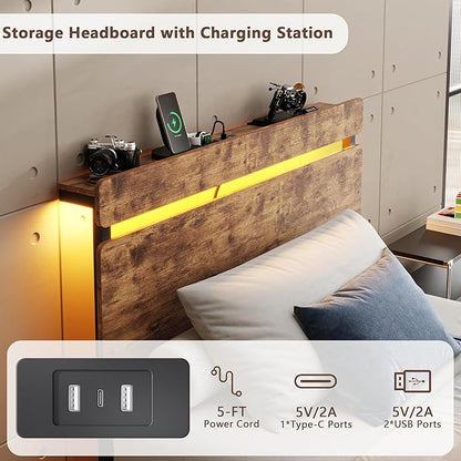 Forestell Twin Bed Frames with Wood Headboard, Metal Platform Bed with 2 Storage Drawers & Shelf, Built in Charging Station & LED Lights, No Box Spring Needed, Vintage Brown, Camas Twin Size