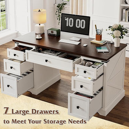 EnHomee 58" W Farmhouse Executive Desk with Drawers, Wood Home Office Desks with Power Outlets, Rustic Computer Desk with Storage Cabinet for Working, Studying, Writing, White + Brown