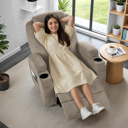 Recliner Chair, 360° Swivel Rocker Chair for Adults, Rocking Recliner Chair with Massage, Comfy Single Sofa with Side Pockets Cup Holders for Living Room, Bedroom, Nursery (Fabric, Khaki)