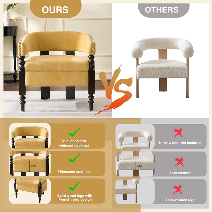 LOULENS Barrel Accent Chair, Vintage Chenille Upholstered Lounge Chair with Solid Wood Legs, Comfy Leisure Side Armchair for Living Room, Bedroom, Reading Nook, Corner, Yellow