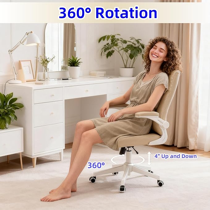 Ergonomic Desk Chair with Space Saving Flip-Up Arms, 360° Swivel & Reclining Back, High-Back Executive Chair in Soft Faux Leather for Office&Study (Khaki)