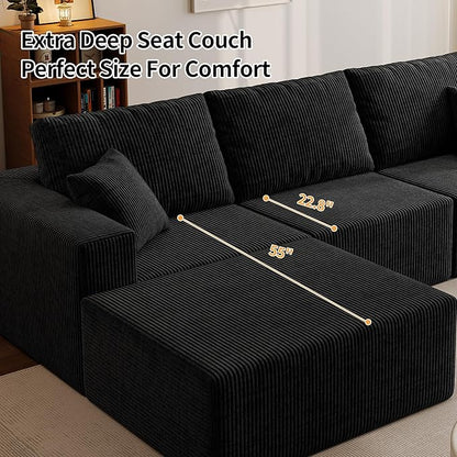 110" Boneless Cloud Sectional Couch for Living Room, Compressed Modular L-Shaped Sofa with Deep Seat, Frameless Corduroy Couch in Boxes, No Assembly Required 3-Seater (Right-Facing Chaise, Black)