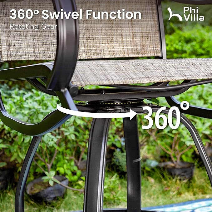 PHI Villa 5 Piece Outdoor Bar Set, Counter Height Patio Bar Bistro Table and Swivel Bar Stools Chairs with All Weather Brown Textilene Fabric for Garden, Yard, Poolside