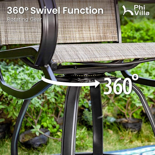 PHI Villa Outdoor Swivel Bar Stools Set of 6, Counter Height Patio Chairs with Waterproof Textile Fabric Brown, Rustproof Metal Frame & Circular Footrest for Poolside, Garden, Yard