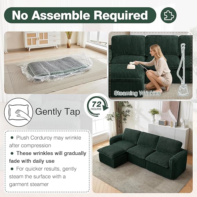 110'' Boneless Modular Cloud Couch for Living Room, Comfy Cloud Modular Sectional Couch with Ottoman, Convertible L Shaped Couches for Apartment, Dorm, No Assembly Required, Green Corduroy