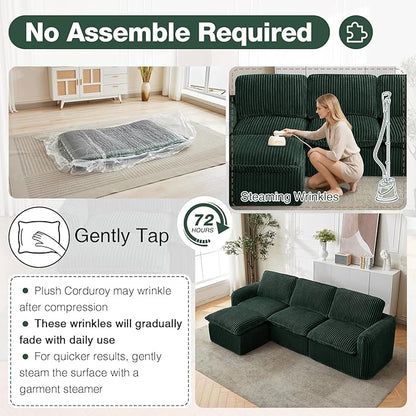 110'' Boneless Modular Cloud Couch for Living Room, Comfy Cloud Modular Sectional Couch with Ottoman, Convertible L Shaped Couches for Apartment, Dorm, No Assembly Required, Green Corduroy