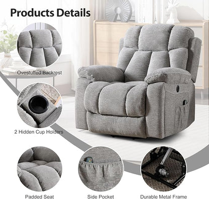 Large Power Lift Recliner Chair with Massage and Heat for Elderly, Wide Padded Recliner with 2 Cup Holders, Side Pocket & USB Charger,(1, Light Gray)