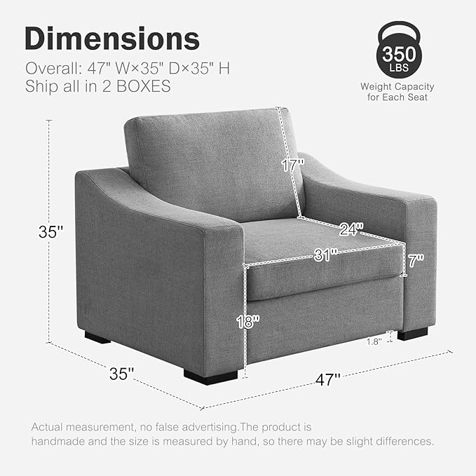 ABCASA 47" W Oversized Accent Chair Set of 2, Comfy Upholstered Sofa Chair with Large Seat and Wide Armrest, Pet-Friendly Modern Lounge Armchair for Living Room/Apartment/Bedroom, Premium Linen, Grey