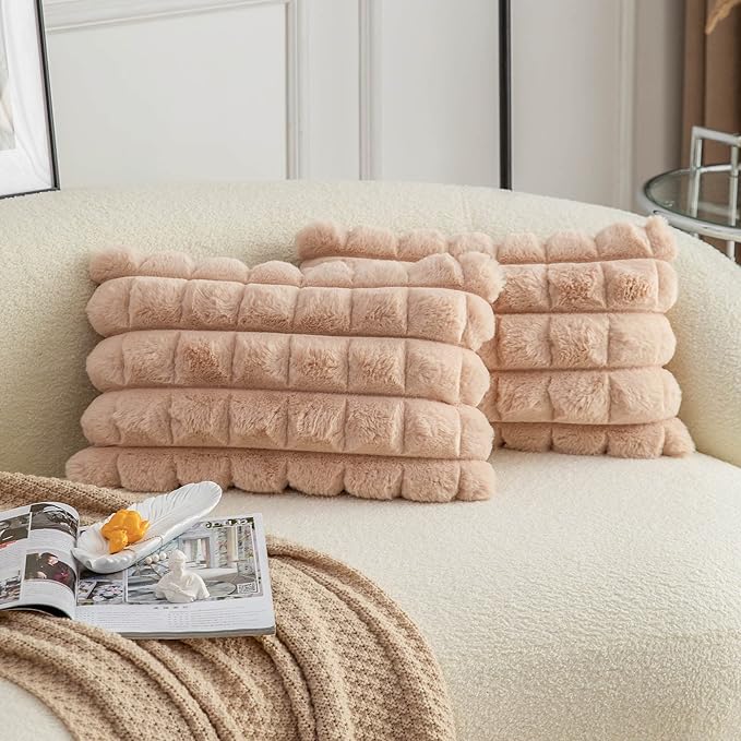 Neelvin Camel Faux Fur Cozy Soft Plaid Decorative Throw Pillow Covers 12x20 inch Set of 2,Velvet Pillowcase Cushion Case for Sofa Couch