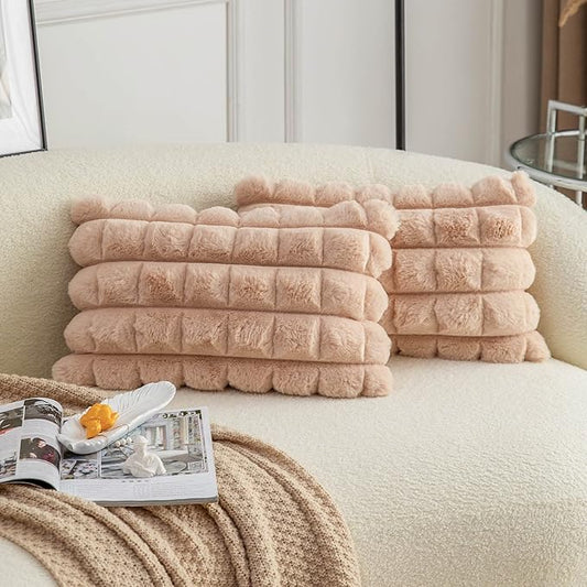 Neelvin Camel Faux Fur Cozy Soft Plaid Decorative Throw Pillow Covers 12x20 inch Set of 2,Velvet Pillowcase Cushion Case for Sofa Couch