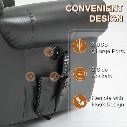Luxlen Power Lift Recliner Chair for Elderly, Dual Motor Massage Recliner with Lumbar Heat, Heavy Duty Motion Mechanism Lift Chair with Charge Ports, Faux Leather - Gray