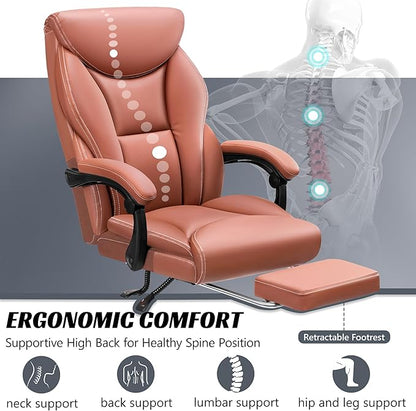 Office Chair, Executive Leather Chair Big and Tall Ergonomic Computer Desk Chair, Comfy Swivel Rolling Reclining Lumbar Support Task Chair with Adjustable High Back Foot Rest for Home Gaming