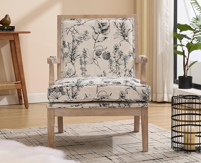 chairus Farmhouse Linen Accent Chair for Living Room, Upholstered Reading Chair with Solid Wood Frame Lounge Arm Chair with High Back for Bedroom, Reception Room, Waiting Room, Floral Pattern
