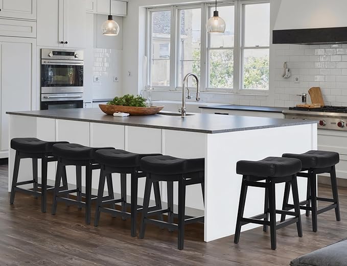 Counter Height Black Bar Stools Set of 6 for Kitchen Counter Farmhouse Modern Barstools with Faux Leather Upholstered Backless Seat and Solid Wood Legs 24 inch Bar Chairs