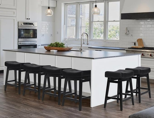 Counter Height Black Bar Stools Set of 6 for Kitchen Counter Farmhouse Modern Barstools with Faux Leather Upholstered Backless Seat and Solid Wood Legs 24 inch Bar Chairs