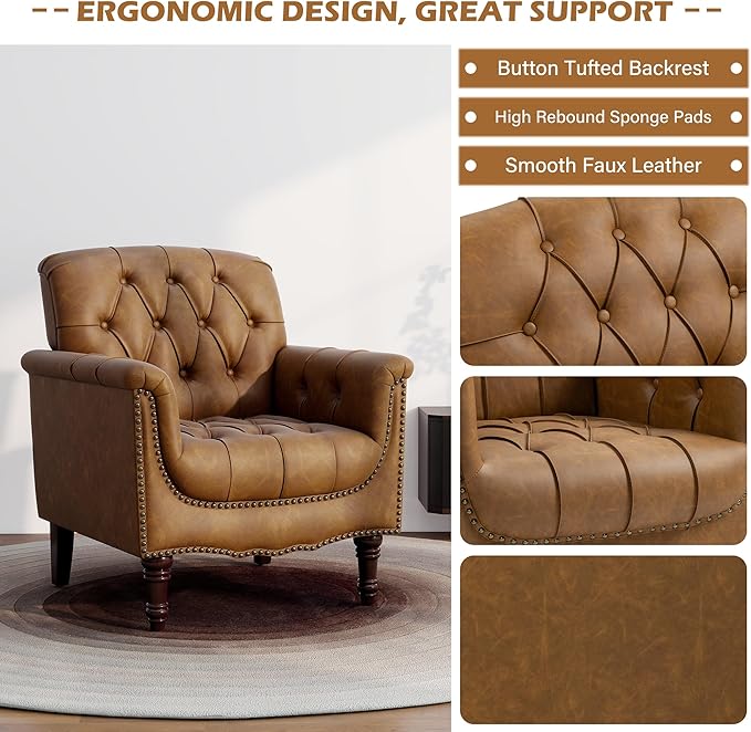 UIXE Faux Leather Accent Chair for Living Room, Upholstered Retro Armchair Tufted Club Arm Chair Single Sofa Lounge Bedroom Side Reading Seating with Solid Wood Legs, Camel
