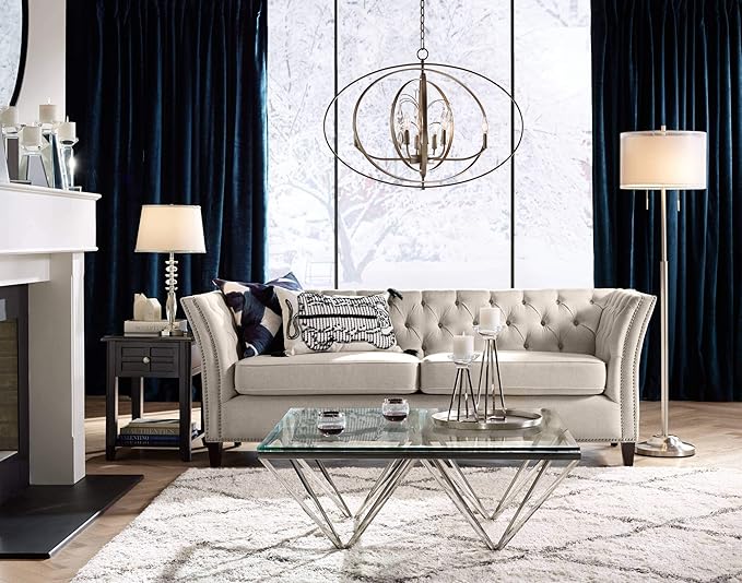 Possini Euro Design Roxie Modern Standing Floor Lamp 65.5" Tall Brushed Nickel Silver Double Layer Sheer Linen Fabric Drum Shade Decor for Living Room Reading House Bedroom Home