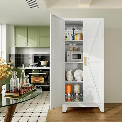 Large Metal Kitchen Pantry Cabinet with Adjustable Shelves - Freestanding Kitchen Storage Cabinet for Dining Room,Livingroom Bathroom, Hallway, Workshop, Office (White, 61"- 0 Drawer)