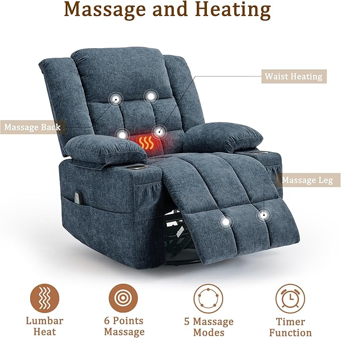 Adult 360° Swivel Rocking Recliner, Nursery Glider Lounger with Massage and Heating, Rocking Chair with Cup Holder, Living Room and Bedroom Manual Chair (Fabric, Blue)