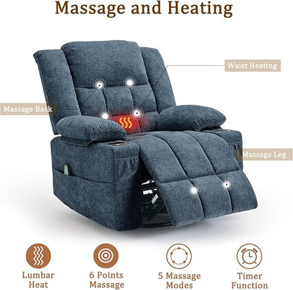 Adult 360° Swivel Rocking Recliner, Nursery Glider Lounger with Massage and Heating, Rocking Chair with Cup Holder, Living Room and Bedroom Manual Chair (Fabric, Blue)
