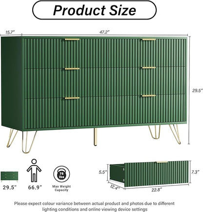 Green Dresser for Bedroom, Modern Dresser with Gold Metal Handles & Chests of Drawers for Bedroom, 15.7" D x 47.2" W x 29.5" H