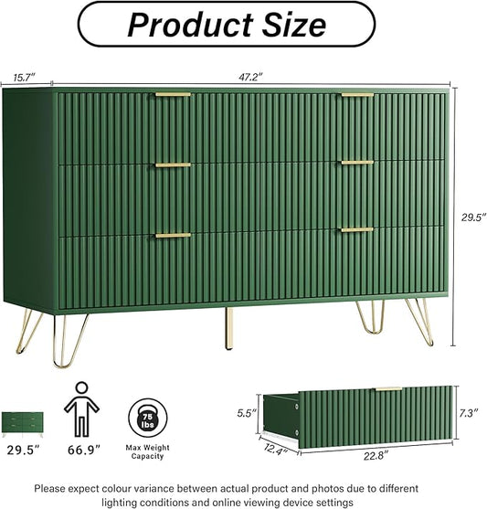 Green Dresser for Bedroom, Modern Dresser with Gold Metal Handles & Chests of Drawers for Bedroom, 15.7" D x 47.2" W x 29.5" H