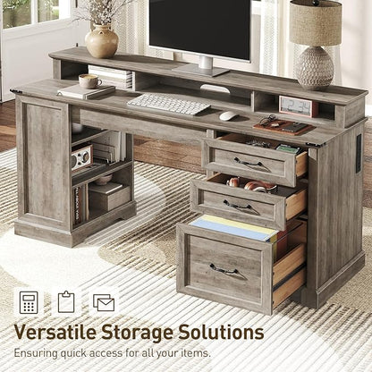 55'' Farmhouse Executive Desk with Drawers, Home Office Desk with File Cabinet and Storage Shelf, Charging Station, Computer Desk with Monitor Stand, Writing Gaming Desk, Greige