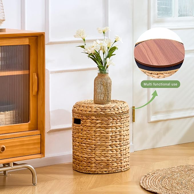 Wimarsbon Round Pouf Ottomans, Handwoven Natural Water Hyacinth Seagrass Pouffe,Outdoor Rattan Stool Accent Seat, Bohemian Coastal Home Decor (Storage - 14inch Water Hyacinth Braid)