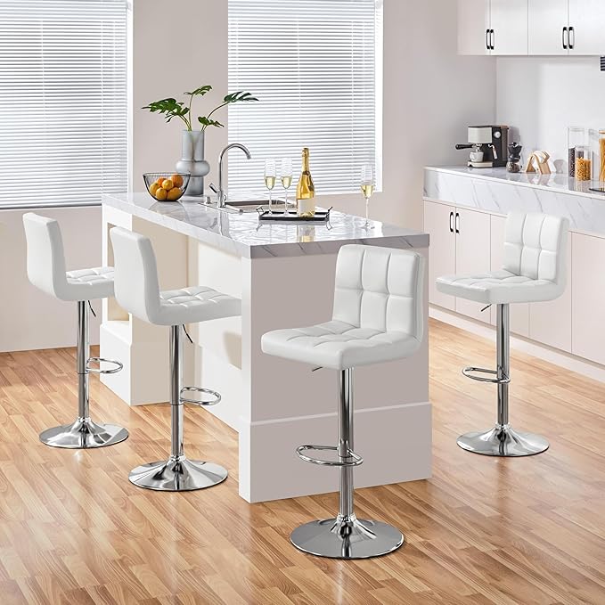 Yaheetech Bar Stools Set of 3, Adjustable PU Leather Swivel Barstools, Modern Counter Stools with Back and Footrest, Counter Height Barstools for Bar, Kitchen, Dining Room, White