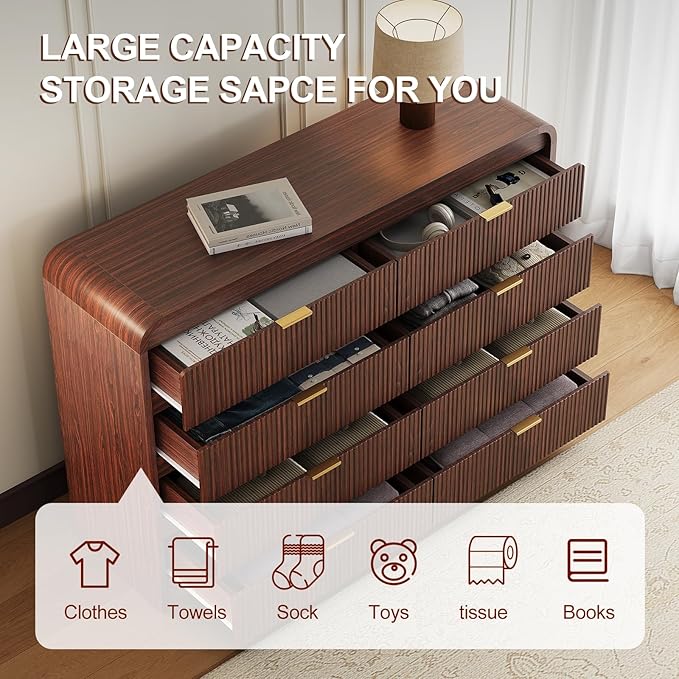 FURSUN Fluted 8 Drawers Dresser for Bedroom, 55" Wide Wooden Dresser with Metal Handle, Curved Profile Design, Modern Storage Organizer for Bedroom, Hallway (Walnut)