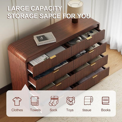FURSUN Fluted 8 Drawers Dresser for Bedroom, 55" Wide Wooden Dresser with Metal Handle, Curved Profile Design, Modern Storage Organizer for Bedroom, Hallway (Walnut)