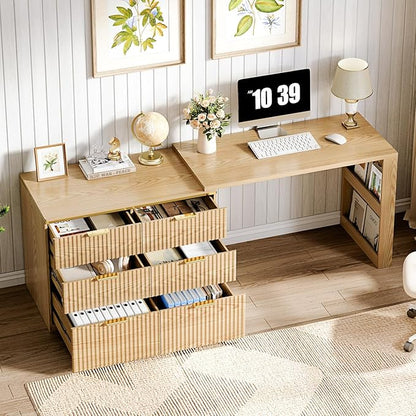 L Shaped Standing Desk,47" Home Office Desks, Executive, Farmhouse Computer Desk with 6 Drawers File Drawer, Rustic Computer Writing, Oak