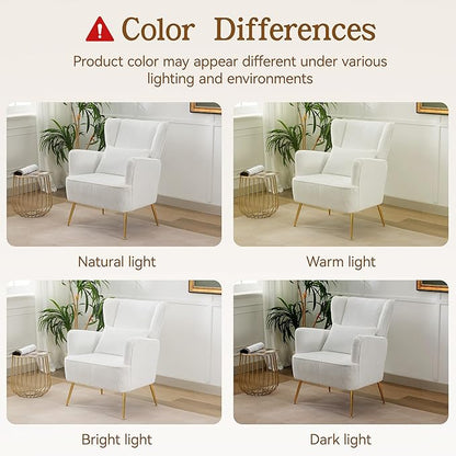 Living Room Chairs Corduroy Accent Armchair with Lumbar Pillow & Gold Leg, 8.5" Thick Cushion, Mid Century Modern High Wingback Bedroom Chairs Upholstered Comfy Sofa Arm Chair, White