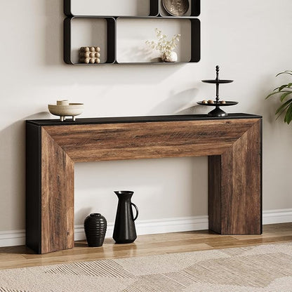 LITTLE TREE Console Table, 63 Inches Extra Long Sofa Table for Living Room, Modern Hallway Entryway Foyer Table for Entrance, Easy Assembly, Black & Rustic Brown