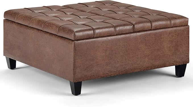 SIMPLIHOME Harrison 36 inch Wide Transitional Square Coffee Table Storage Ottoman in Distressed Umber Brown Vegan Faux Leather, Assembled, For the Living Room and Bedroom