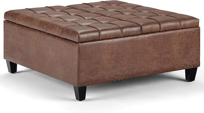 SIMPLIHOME Harrison 36 inch Wide Transitional Square Coffee Table Storage Ottoman in Distressed Umber Brown Vegan Faux Leather, Assembled, For the Living Room and Bedroom