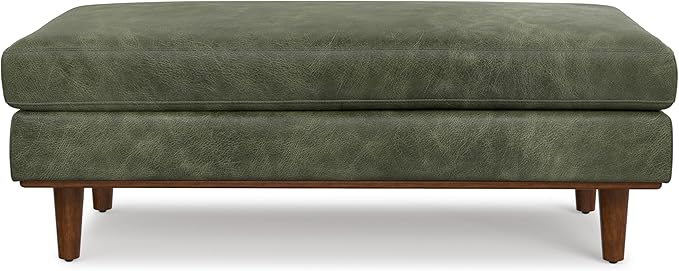 SIMPLIHOME Morrison 49 inch Wide Large Rectangular Ottoman in Moss Green Genuine Leather, Multifunctional Footrest, Coffee Table, and Extra Seating for Living Room, Mid-Century Modern Style