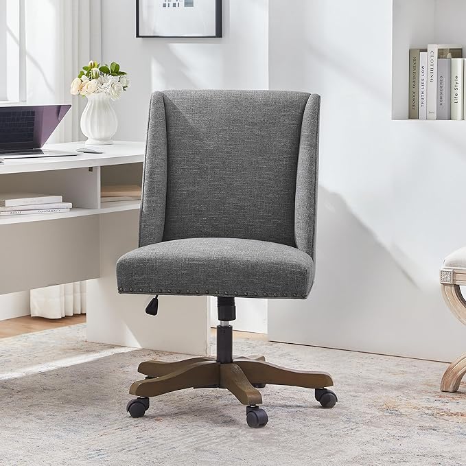 Upholstered Armless Home Office Chair with Wooden Legs, Modern Office Desk Chair No Arms Sewing Chair Adjustable Swivel Desk Chair for Farmhouse Office Study Studio (Dark Gray)