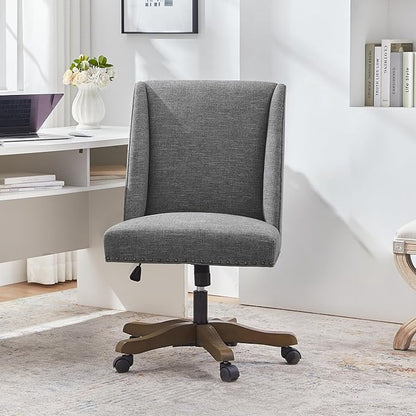 Upholstered Armless Home Office Chair with Wooden Legs, Modern Office Desk Chair No Arms Sewing Chair Adjustable Swivel Desk Chair for Farmhouse Office Study Studio (Dark Gray)