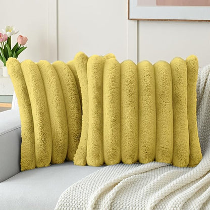FUTEI Mustard Yellow Decorative Throw Pillow Covers 26x26 Inch Set of 2, Square Soft Faux Rabbit Fur Big Striped Pillow Sham,Home Decor for Couch Sofa Bed Living Room