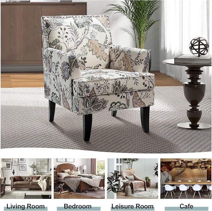 HULALA HOME Modern Accent Chairs Set of 2, Farmhouse High Back Floral Chairs with Wooden Legs & Nail Head Trim, Comfy Upholstered Armchairs for Living Room/Bedroom (Orange Grey Floral)
