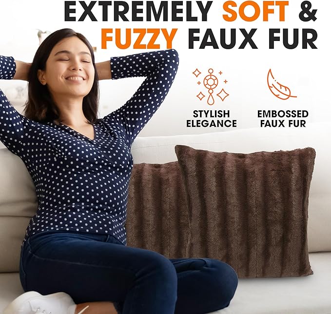 Cheer Collection Faux Fur Throw Pillows - Decorative Pillows for Couch, Bed Throw Pillows, Chocolate Accent Pillows for Bedroom or Living Room Aesthetic, Set of 2 Furry Throw Pillows, 20" x 20"