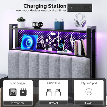 VINGLI Twin or Twin XL Size Headboard, Adjustable Upholstered Headboard with 2 Tier Shelves and Pegboard with Charging Stations and LED Lights, Modern Bed Headboard with Storage for Bedroom Decor